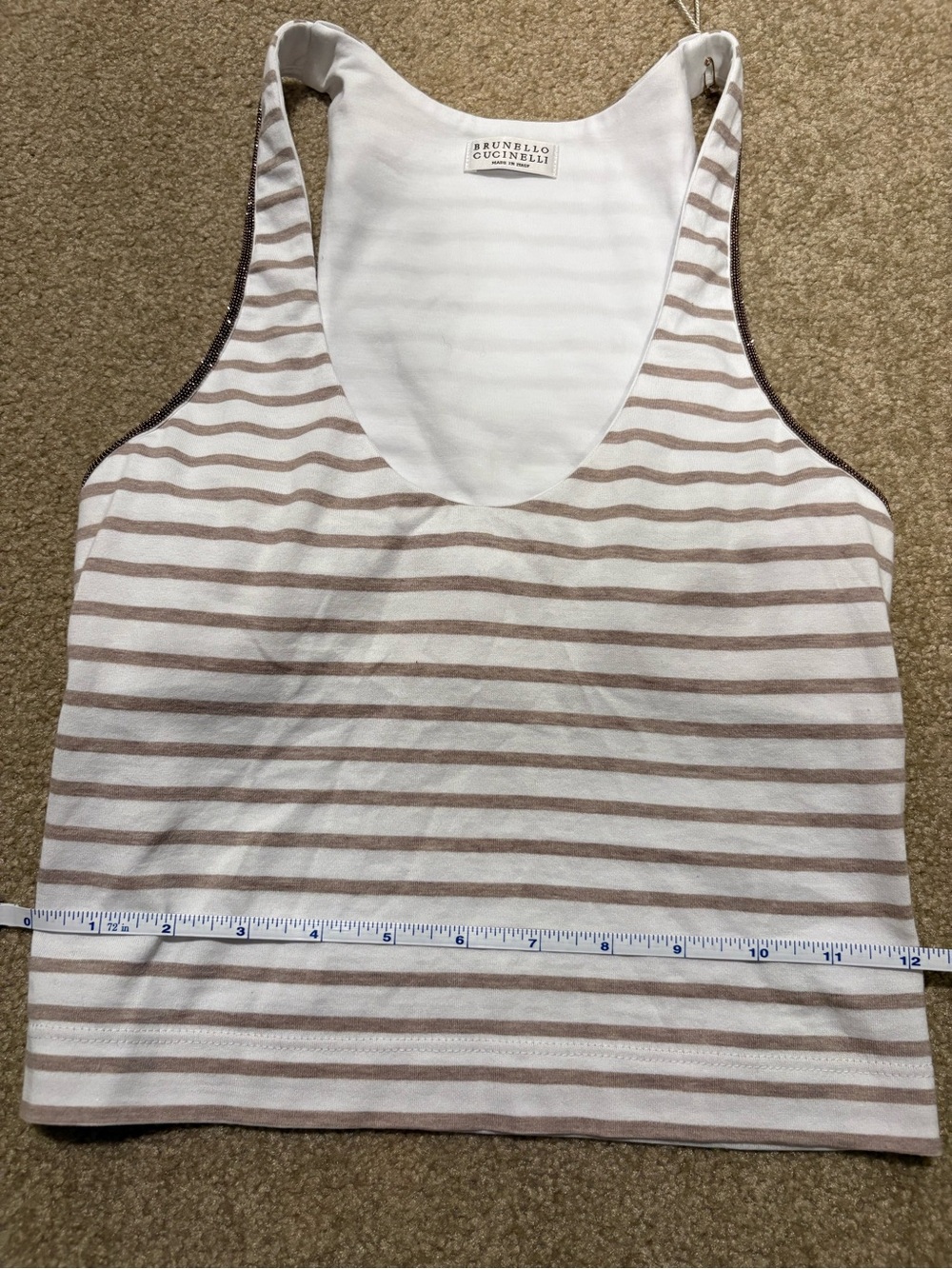 Brunello Cucinelli Cream & Taupe Striped Cotton Tank with Brunello Monili Trim - Picture 6 of 10